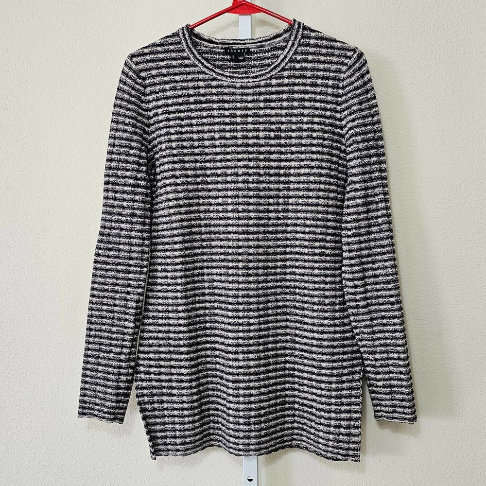 THEORY Women's Belira Melange Black Cream Ribbed Knit Wool Tunic Sweater Sz M